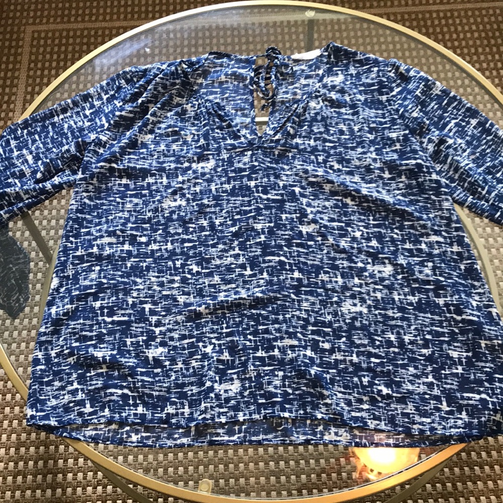 Blue and white long sleeve blouse